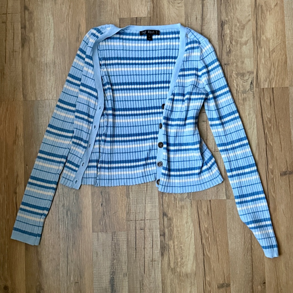 Say What? Blue and White Striped Cardigan